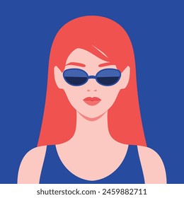 Joven pelirroja con gafas de sol.  Retrato o avatar de una mujer joven con un pelo rojo en gafas de sol. Ilustración vectorial