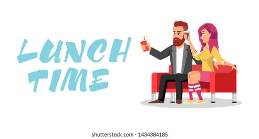 Young redheaded bearded man and girl with pink hair in knee highs sitting on sofa and drinking beverages. Colleagues or loving couple having meal period, dinner break together. Lunch time lettering.