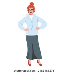 Young redheaded girl in hoodie and long skirt, smiling, positive attitude. Hand drawn vector illustration.