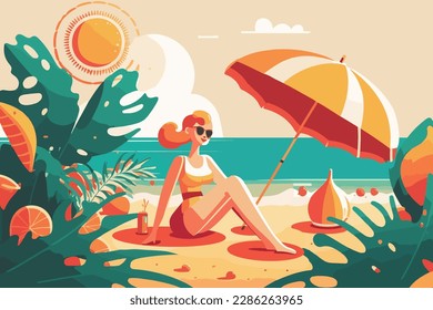 Young Redheaded Girl relaxing on the beach under an umbrella. Summer vacation Flat vector illustration.