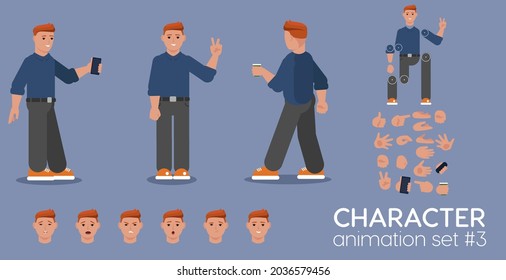 Young redheaded man character animation set. Front, side and back view guy ready for motion design and 2d animation. Isolated body details, hand gestures and facial emotions vector illustration.