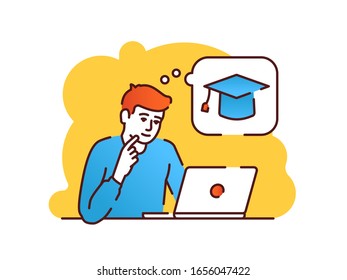 Young redheaded man sitting in front of a laptop and thinking about e-learning flat vector illustration. Distance learning. Isolated cartoon character with speech bubble on a yellow background.