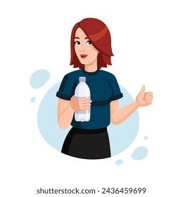 Young redheaded woman holds bottle of water. Female sporty character with water bottle showing thumbs up. Drink more water concept. Flat vector illustration.