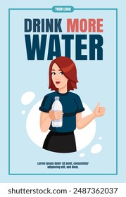 Junge Rothaarige hält eine Flasche Wasser. Weibliche sportliche Figur mit Wasserflasche mit Daumen nach oben. Mehr Wasser Konzept trinken. Vektorillustration, Flyer, Poster, Banner, Werbedesign.