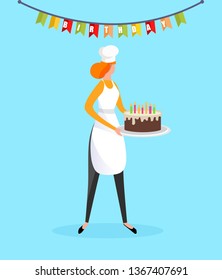 Young Redheaded Woman in White Cook Toque and Apron Holding Birthday Cake in Hands Isolated on Blue Background with Flags Garland Decoration. Party Celebration Treat. Cartoon Flat Vector Illustration.