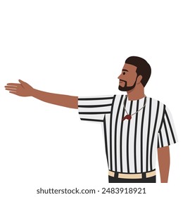 Young referee Blowing Whistle and Calling First Down On Play. Flat vector illustration isolated on white background