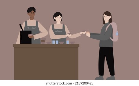 A young refugee woman, forced to leave her country because of the war, receives free food from a charity organization. Volunteers distribute food to homeless people in need. Flat vector illustration