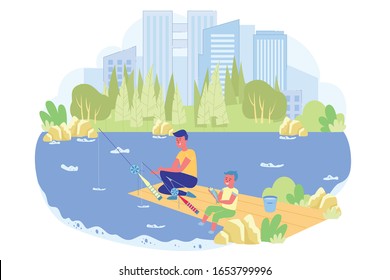 Young Relatives Spend Time Together in City Park. Little Boy Caught Fish on Lake with his Older Brother. There is Bucket behind him to Put Prey theme. Park has Beautiful and Clean Nature.