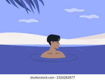 Young relaxed character swimming in the sea, holidays in a tropical climate, lifestyle
