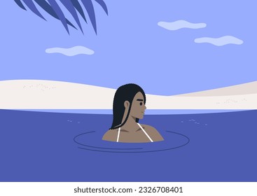 Young relaxed character swimming in the sea, holidays in a tropical climate, lifestyle
