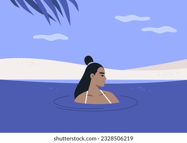 Young relaxed character swimming in the sea, holidays in a tropical climate, lifestyle

