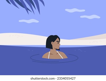 Young relaxed character swimming in the sea, holidays in a tropical climate, lifestyle
