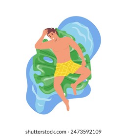 Young relaxed man cartoon character rest swimming on inflatable rubber mattress shaped tropical leaf