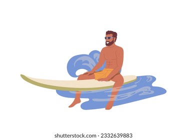 Young relaxed man character sitting on surfboard or sup board floating in water isolated on white