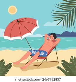 Young relaxed man sitting on the deckchair. Beach scene. Vector flat style cartoon  illustration