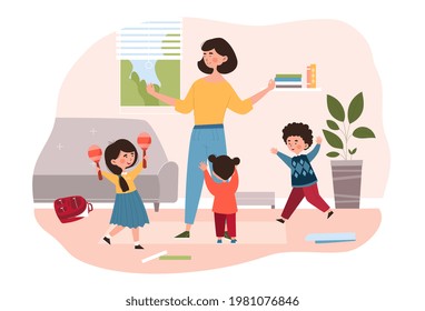 Young relaxed mother stand with three young children in living room. Parenting concept with three little children, she encourages and motivates their home activities. Flat cartoon vector illustration