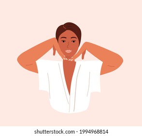 Young Relaxed woman doing face building yoga facial gymnastics self massage and rejuvenating exercises.Lady massaging her face.Beauty Procedure,anti-aging self care.Vector flat illustration isolated