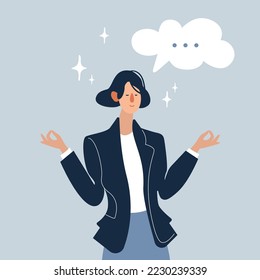 Young relaxed woman with eyes closed standing meditating and getting balance with mind and body. Meditation and getting harmony concept. Vector illustration.