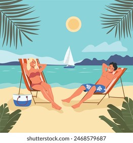 Young relaxed woman and man sitting on the deckchairs. Beach scene. Vector flat style cartoon  illustration