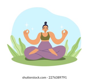Young relaxed woman sitting in lotus pose doing yoga on grass. Calm girl meditating in the park with closed eyes. The concept of awareness, mental and physical health.