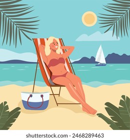 Young relaxed woman sitting on the deckchair. Beach scene. Vector flat style cartoon  illustration