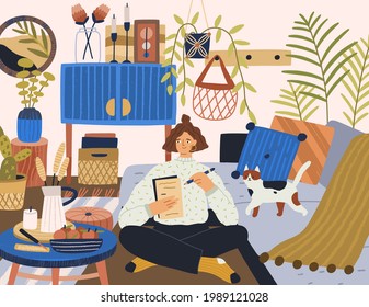 Young relaxed woman writing letter in cozy modern room at home. Person resting indoors with cat. Lifestyle of happy human. Female relaxing in trendy interior. Colored flat vector illustration