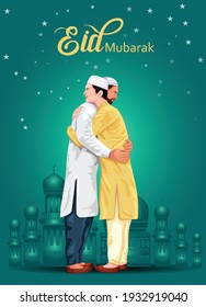 Young Religious Muslim People wishing each other on occasion of Eid. vector illustration