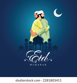 Young Religious Muslim People wishing each other occasion Eid  star round frame yellow background for Islamic Festival celebration 	