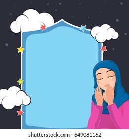 Young religious muslim woman praying Namaz (Islamic Prayer). Stars and Clouds decorated background for Muslim Community Festivals concept.