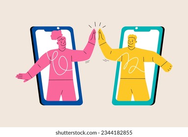 Young remote friends giving high five. Online communication in messenger concept. Colorful vector illustration
