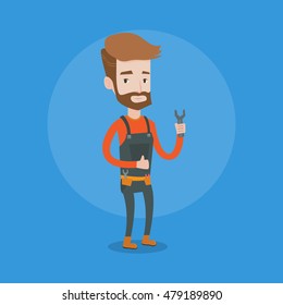 Young repairman standing with a spanner in hand. Confident hipster repairman with the beard giving thumb up. Plumber or auto mechanic holding a spanner. Vector flat design illustration. Square layout.