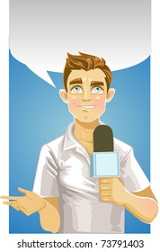 Young reporter men and speech bubble