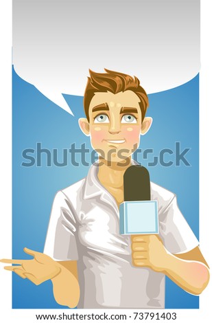 Young reporter men and speech bubble