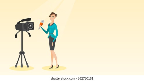 Young reporter standing with a microphone on the background of a camera. Young smiling TV reporter presenting news. TV transmission with a reporter. Vector flat design illustration. Horizontal layout.