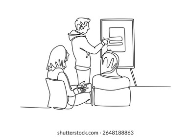 Young researcher giving a lecture to a group of university students. University Student Life concept. Single line draw design. Vector graphic illustration