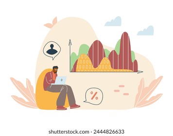 A young researcher guy draws up a graph of demographic data research. Vector illustration on a white background. Ideal for presentation statistical study in demographics 
