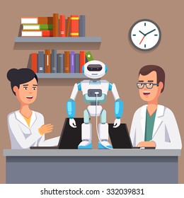 Young researchers man and woman in white smocks programming humanoid bipedal robot at their laptops. Artificial intelligence science. Flat style vector illustration isolated on grey background.