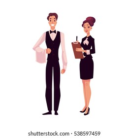 Young restaurant, cafe manager and a waiter, cartoon vector illustration isolated on white background. Full length portrait of restaurant manager, hostess in little black dress and waiter in uniform