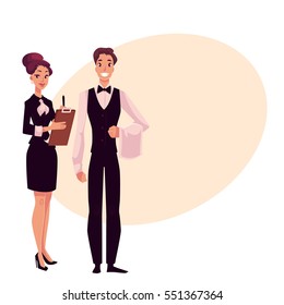 Young restaurant, cafe manager and a waiter, cartoon vector illustration on background with place for text. Full length portrait of restaurant manager, hostess in little black dress and waiter in