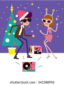 Young retro style woman and man dancing swing at christmas party. Vector