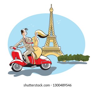 Young retro syled couple on motor scooter Eiffel Tower, Paris, France
