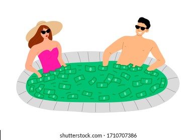 Young rich couple relaxing in swimming pool full of money vector illustration