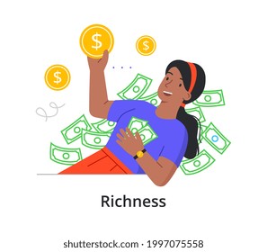 A Young Rich Girl Is Bathed In Money. Abundance, Financial Well-being, Wealth, Inequality Concept. Outline Minimal Style Flat Cartoon Vector Illustration. Abstract Metaphor