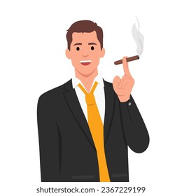 Joven rico fumando un cigarro con corbata. Ilustración vectorial plana aislada en fondo blanco