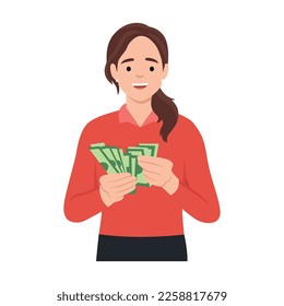 Joven mujer rica sosteniendo billetes de dólares en manos entusiasmada con ganar o ascender. Feliz conteo femenino de dinero alegre con ingresos o ingresos. Ilustración vectorial plana aislada en fondo blanco