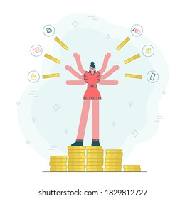Young rich woman with many hands is throwing money around to buy different goods. Wasting money concept. Vector flat illustration
