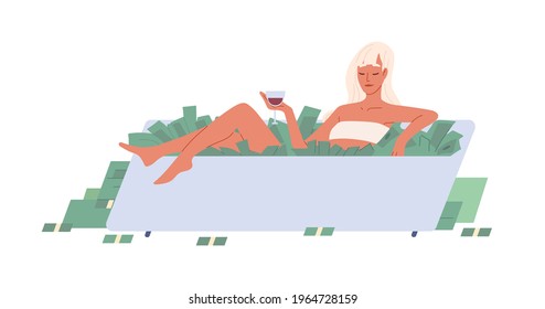 Young rich woman swimming in bath tub stuffed with money. Successful careless person in bathtub filled with cash. Colored flat vector illustration of wealthy character isolated on white background