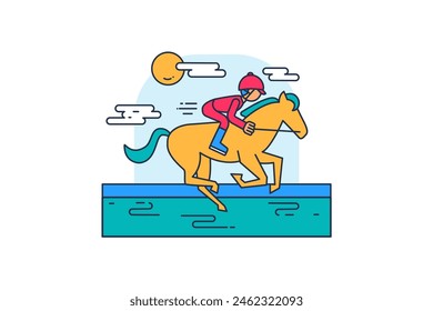 Young rider athlete in special clothes and headdress, races on horseback along hippodrome. Extreme sports and active lifestyle. Simple colored stroked vector icon isolated on white background