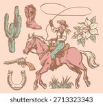 A young rider in a cowboy hat skillfully throws a lasso while riding a pink horse. Surrounding elements include a cactus cowboy boot flowers and a revolver.