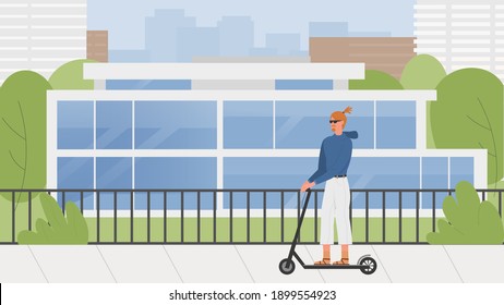 Young rider man with electric scooter on city street vector illustration. Cartoon male hipster character riding eco transport in urban cityscape, millennial lifestyle ecology technology background